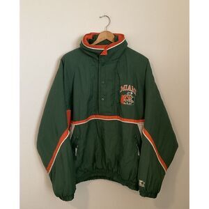 Vintage 90s Starter Miami Hurricanes Pullover Puffer Jacket Green Orange Ibis L